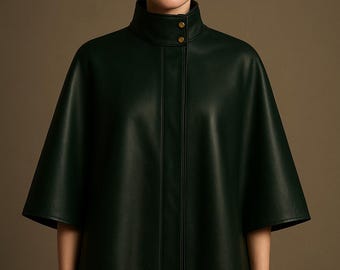Handmade Green Sheepskin Leather Capelet | High Neck Fashion Outfit