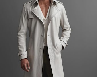 Men's White Leather Trench Coat | Custom Tailored Lambskin Long Coat