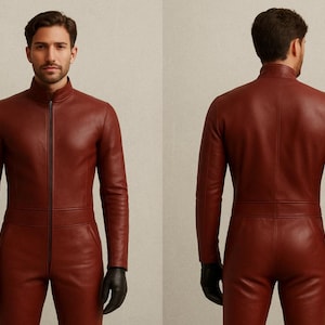 May include: A two-piece, burgundy leather jumpsuit with a zip-up front and long sleeves. The outfit is paired with black gloves. The image shows both the front and back of the jumpsuit.