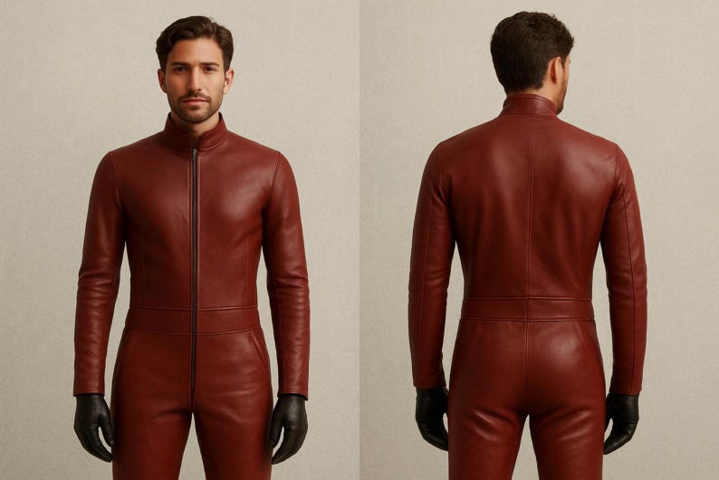 May include: A two-piece, burgundy leather jumpsuit with a zip-up front and long sleeves. The outfit is paired with black gloves. The image shows both the front and back of the jumpsuit.