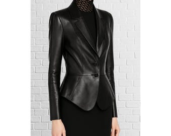 Handmade Lambskin Leather Blazer: Women's Slim Fit, Custom Tailored