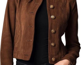 Brown Suede Cropped Military Jacket | Handmade Vintage Style