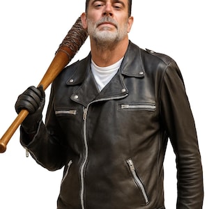 Heren Brando Style - Negan Jacket Slim Fit Motorfiets Zwart Biker Lederen Jas, Zwart - Echt leer, XL