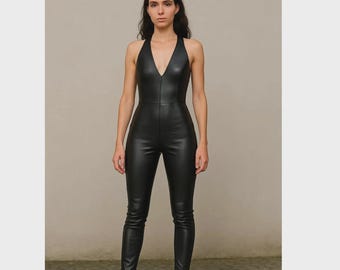 Black Catsuit Jumpsuit Women – Deep V Neck Fitted Bodysuit Edgy Clubwear Festival Statement Outfit