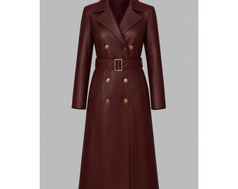 Handmade Burgundy Lambskin Trench Coat | Women’s Long Leather Jacket