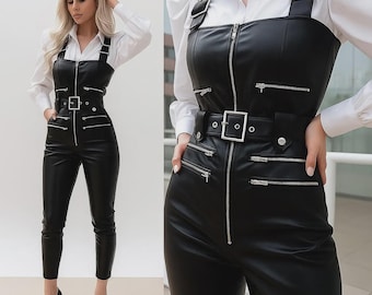 Handmade Black Genuine Leather Jumpsuit | Slim Fit Cosplay Romper
