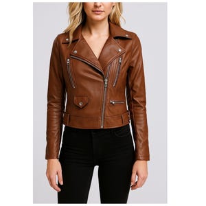 Handmade Brown Lambskin Leather Moto Jacket: Women's Biker Coat