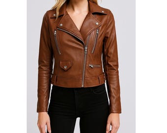 Handmade Brown Lambskin Leather Moto Jacket: Women's Biker Coat