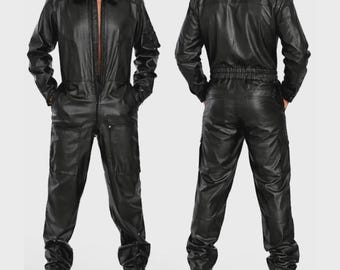 Men's Black Genuine Leather Aviator Overalls | Handmade Flight Suit Biker Coveralls