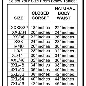 Pu&ograve; includere: Una tabella delle taglie dei corsetti con la parola "CORSET" in alto. La tabella elenca le taglie da XXXS/32 a 7XL/56, con le misure corrispondenti per il corsetto chiuso e la vita naturale in pollici. Il testo "Seleziona la tua taglia dalle tabelle sottostanti:" &egrave; sopra la tabella.