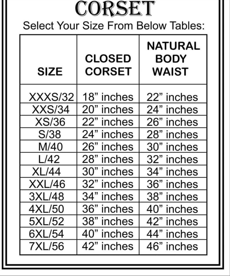 Pu&ograve; includere: Una tabella delle taglie dei corsetti con la parola "CORSET" in alto. La tabella elenca le taglie da XXXS/32 a 7XL/56, con le misure corrispondenti per il corsetto chiuso e la vita naturale in pollici. Il testo "Seleziona la tua taglia dalle tabelle sottostanti:" &egrave; sopra la tabella.