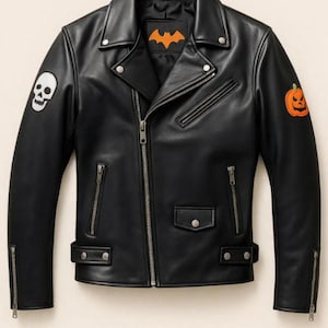 May include: Black leather biker jacket with a notched collar, asymmetrical zip, and multiple pockets. Patches include a white skull, an orange jack-o'-lantern, and a bat logo. Silver hardware details. The jacket's length is approximately 60 cm.