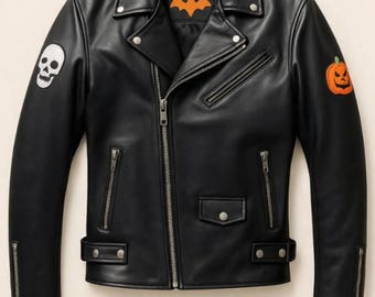 Handmade Leather Halloween Biker Jacket: Skull, Bat & Pumpkin Patches