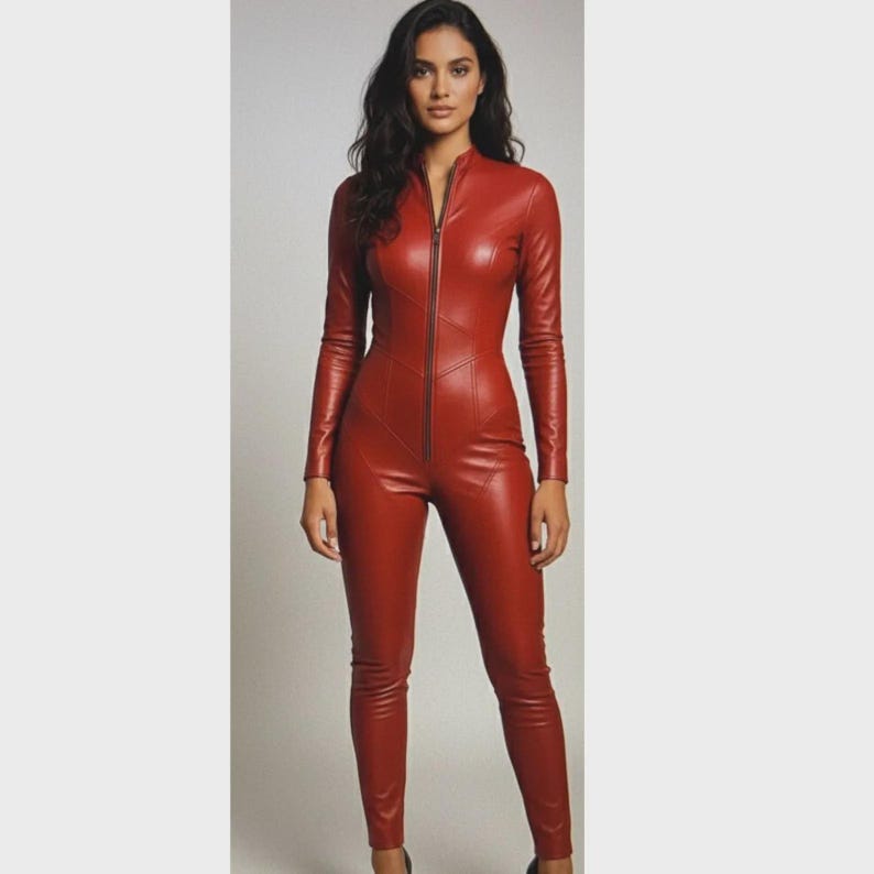 Op de afbeelding: Een rode leren jumpsuit met ritssluiting en lange mouwen. Het eendelige kledingstuk heeft een nauwsluitende pasvorm en is gemaakt van glanzend materiaal. Het model staat voor een effen achtergrond.