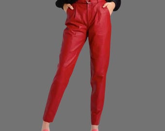 Handmade Women's Red Lambskin Leather Pants High Waist Slim Fit Trousers