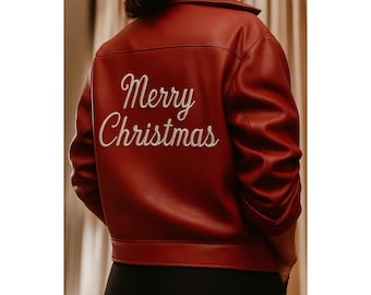 Handmade Red Sheepskin Leather Jacket, Embroidered Merry Christmas, Festive Outerwear