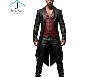Black Gothic Trench Coat with Red Vest | Steampunk Captain Jacket | Victorian Cosplay Coat | Men's Gothic Military Costume