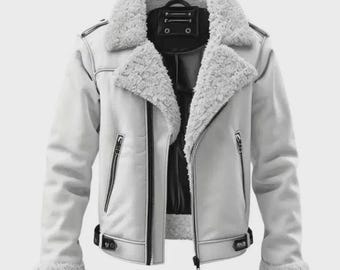 White Sheepskin Aviator Jacket | Genuine Leather RAF B3 Bomber Coat