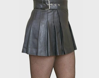 Minifalda de cuero negro para mujer / Falda plisada de talle alto hecha a mano / Moda gótica punk para discoteca
