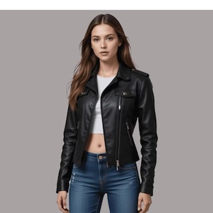 May include: A black leather jacket with a classic biker style. The jacket features a notched collar, zippered pockets, and a front zipper closure. The model is wearing blue jeans and a white top.