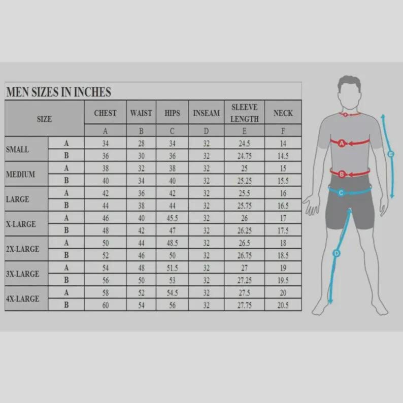 May include: A size chart in inches for men's clothing, detailing chest, waist, hips, inseam, sleeve length, and neck measurements. Sizes range from Small to 4X-Large, with corresponding measurements in inches. A diagram of a male figure illustrates where to measure.