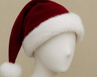 Burgundy Velvet Santa Hat, Faux Fur Trim, Personalized Holiday Accessory