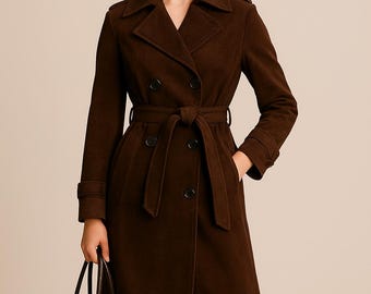 Handmade Brown Vintage Trench | Long Belted Winter Jacket