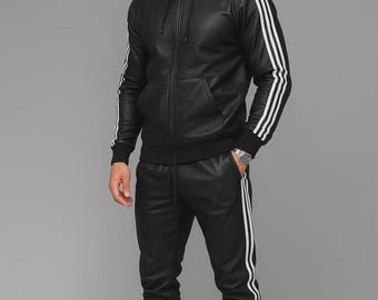 Handmade Lambskin Leather Tracksuit | Men’s Black Hoodie Set