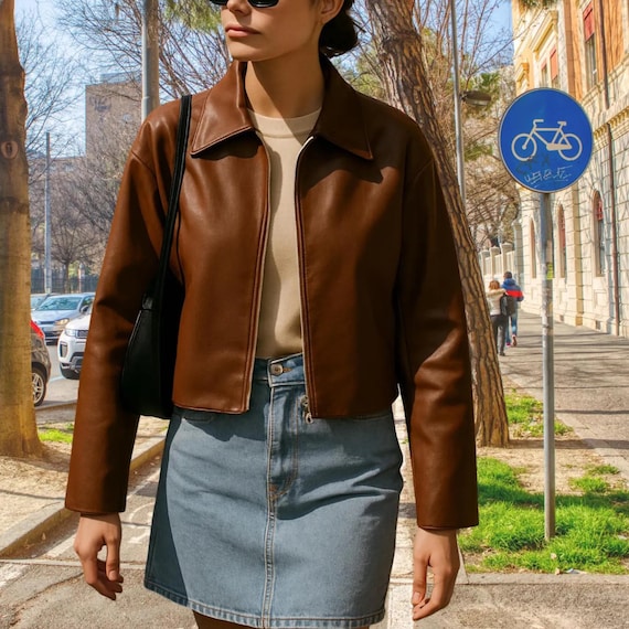 Women's Brown Leather Jacket | Handmade Korean Retro Zip-up - Etsy