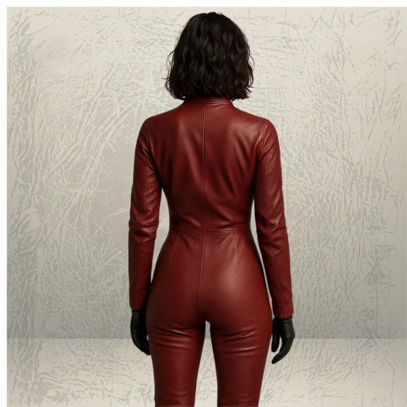 May include: A burgundy leather jumpsuit with long sleeves and a high collar. The one-piece garment is form-fitting and features a zip closure. The model is wearing black gloves. The background is a textured, off-white surface.
