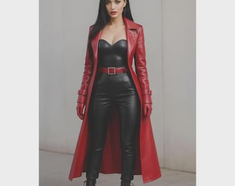 Handmade Women's Red Lambskin Leather Trench Coat Steampunk Gothic Cosplay Jacket