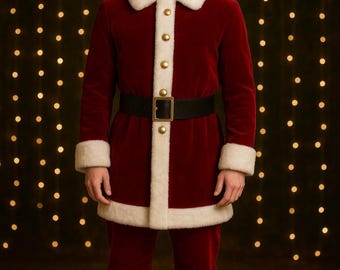 May include: A red Santa Claus costume with white faux fur trim, a black belt with a gold buckle, and a matching hat. The outfit includes a jacket, pants, and boots, perfect for holiday events.