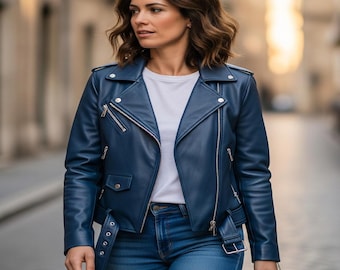Chaqueta de motociclista de cuero azul de lujo para mujer: Chaqueta de motociclista de corte entallado
