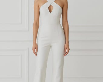 White Sheep Leather Halter Jumpsuit | Women's Luxury Party Romper