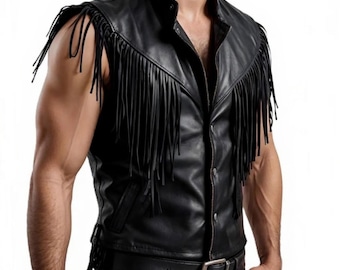 Handmade Leather Fringe Vest: Men's Vintage Cowboy Waistcoat