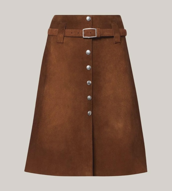 Handmade Brown Suede Midi Skirt: Vintage A-Line Belted Fall Fashion