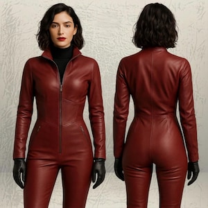 May include: A burgundy leather jumpsuit with a zip-up front, long sleeves, and a stand-up collar. The jumpsuit has a fitted silhouette and is paired with black gloves. The model is shown from the front and back.