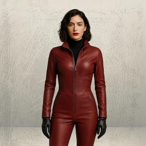 May include: A burgundy leather jumpsuit with a zip-up front, long sleeves, and a stand-up collar. The model is wearing black gloves and a black turtleneck. The background is a textured, light grey colour.