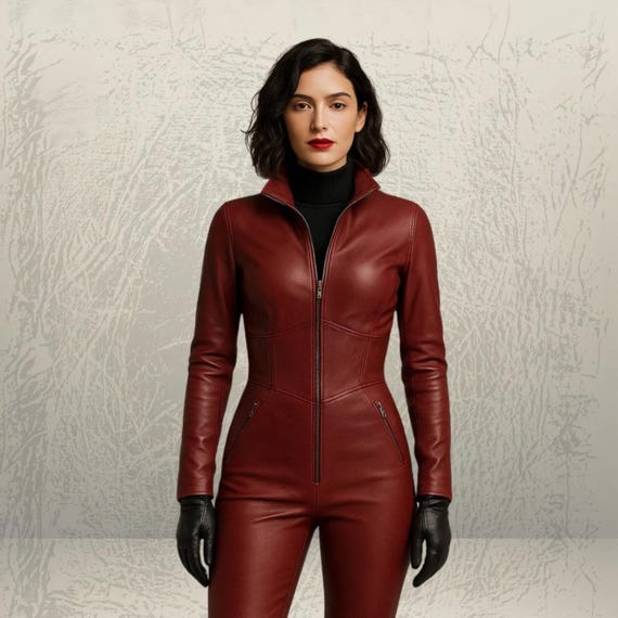 Handmade Women's Red Leather Catsuit Slim Fit Cosplay Bodysuit Costume