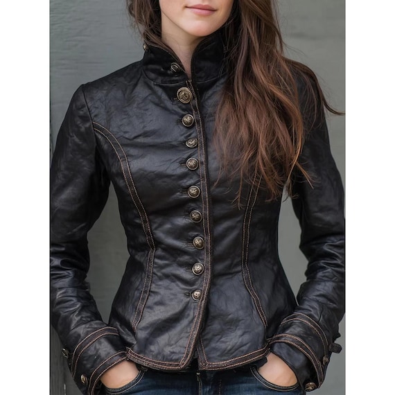 Handmade Lambskin Leather Jacket: Women's Steampunk Military Coat