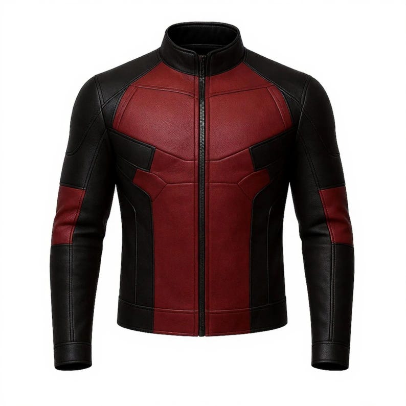 Puede incluir: Chaqueta de cuero negra y roja con cuello alzado y cremallera completa. La chaqueta presenta un dise&ntilde;o de bloques de color con paneles rojos en el pecho y la parte superior de la espalda, y mangas y paneles laterales negros. Chaqueta de peso medio.