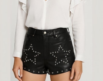 Handmade Studded Leather Shorts | High Waist Gothic Punk Hot Pants | Genuine Lambskin Festival Outfit
