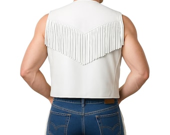 Gilet con frange in pelle bianca fatto a mano: stile motociclista da cowboy western