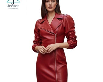Handmade Women's Red Lambskin Leather Dress Slim Fit Clubwear Party Dress