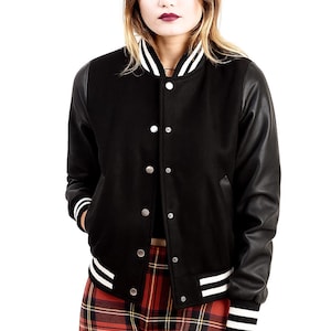 Wool Varsity Jacket: Black Leather Sleeve Retro Letterman Bomber