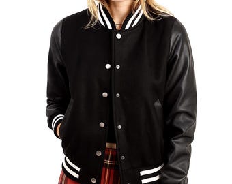 Wool Varsity Jacket – Retro Letterman Bomber with Black Leather Sleeves