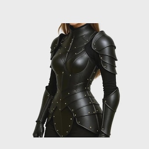 May include: Black leather armour featuring shoulder pauldrons, arm guards, and a high collar. The armour is detailed with small, evenly spaced rivets. The design suggests a medieval or fantasy theme, suitable for cosplay or costume events.