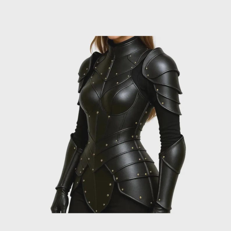 May include: Black leather armour featuring shoulder pauldrons, arm guards, and a high collar. The armour is detailed with small, evenly spaced rivets. The design suggests a medieval or fantasy theme, suitable for cosplay or costume events.