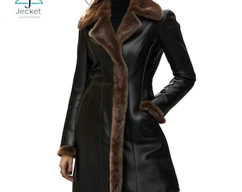 Handmade Lambskin Leather Coat | Women's Faux Fur Winter Overcoat