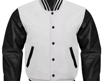 Wool Leather Varsity Jacket: Retro Black and White Bomber